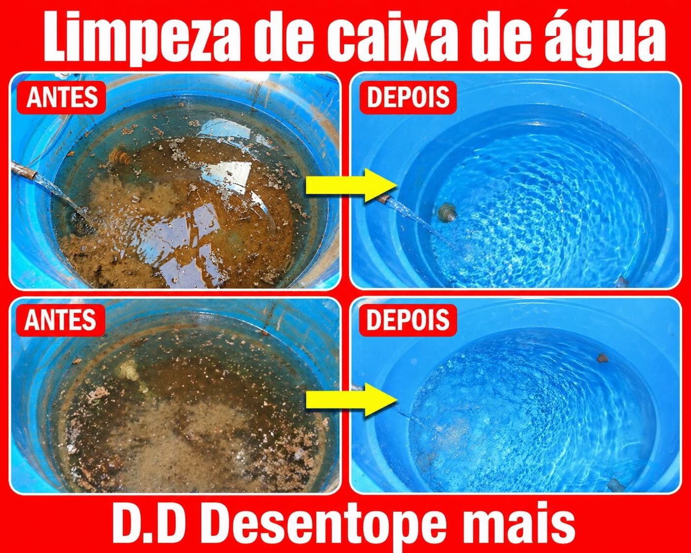Arte de divulgação com antes e depois de limpeza de caixa d'água