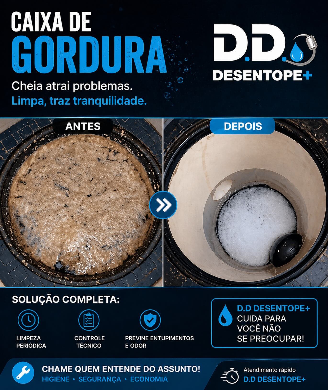 Arte de divulgação sobre limpeza de caixa de gordura com antes e depois