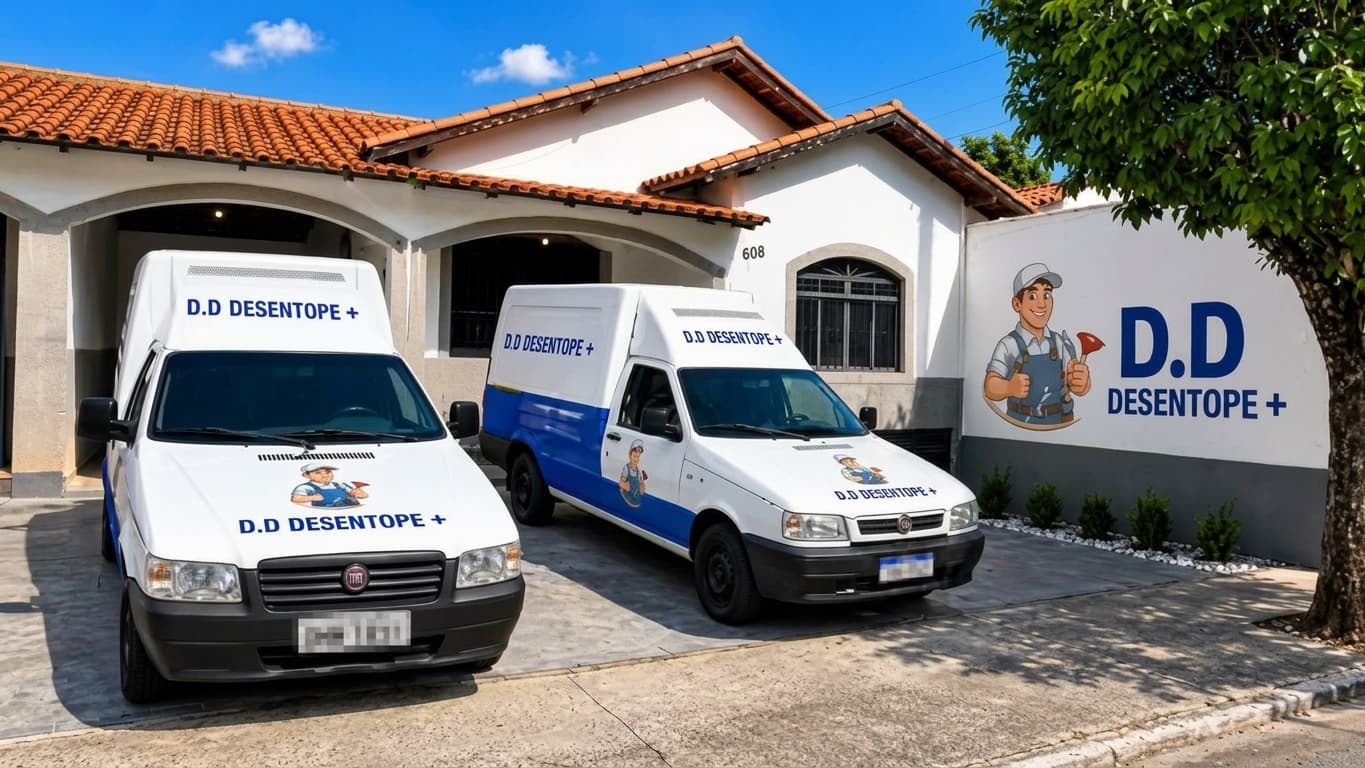 Fachada da D.D Desentope+ com dois veículos da empresa